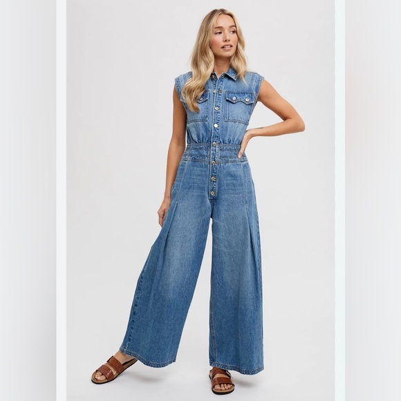 Bluivy Sleeveless Wide-Leg Blue Overalls - Picture 1 of 13
